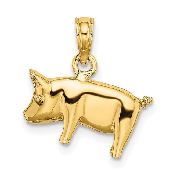 10K Yellow Gold 3-D Polished Pig with Curly Tail Charm